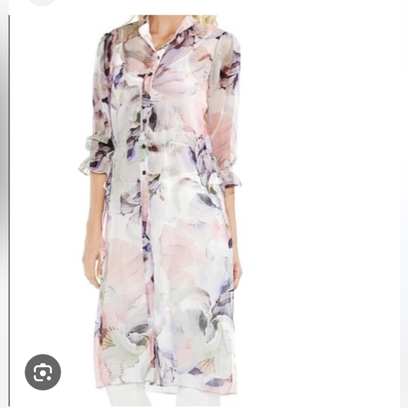 Vince Camuto Womens Side Tie Floral Print Tunic Top Ivory M - Picture 2 of 6